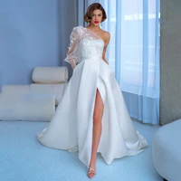 eightree white wedding dresses one shoulder high split modern bridal beach boho dress appliques satin wedding gowns custom size