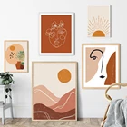 Постеры и принты Бохо с абстрактным пейзажем в скандинавском стиле, настенная Картина на холсте в стиле галереи, с изображением солнца и женщины, линия лица, декоративные картины
