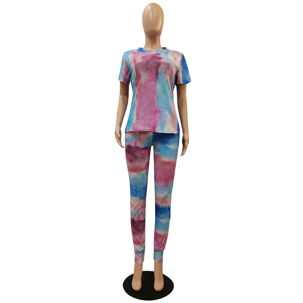 

2021 Women Two Piece Set Summer Tracksuit Tie Dye Print Basic T-Shirts Skinny Pencil Pant Casual Femme Lounge Wear Jogging Suit