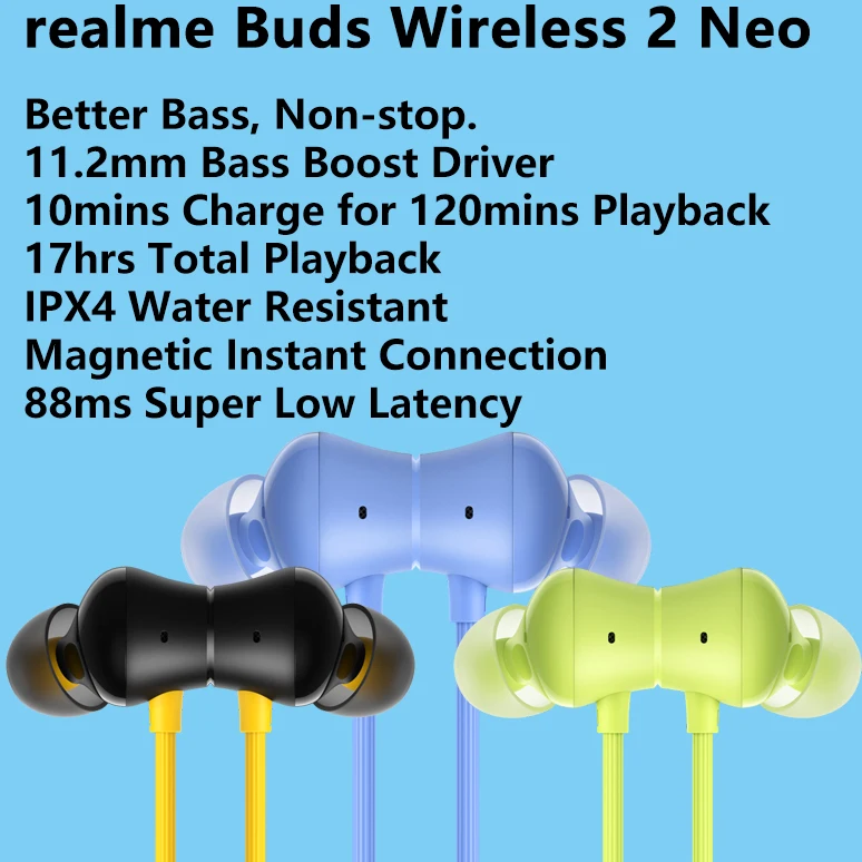 realme buds wireless 2 neo 11 2mm large bass boost driver bluetooth 5 0 eearphone 17hours battery life ipx4 music sport earbuds free global shipping