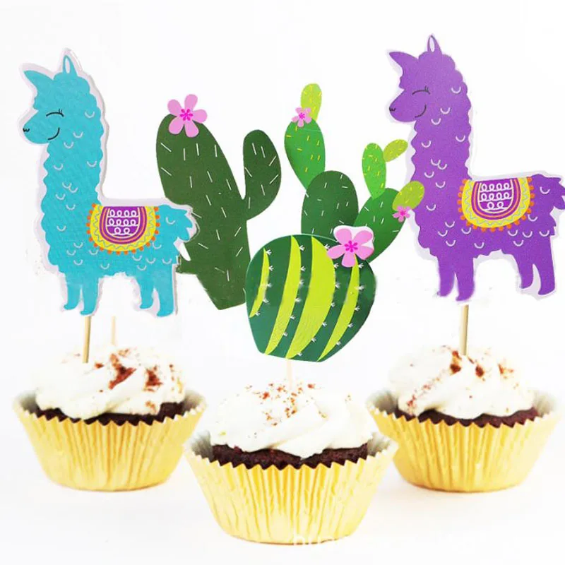 1 Set Kawaii Animal Alpaca Party Cake Toppers Birthday Party Decorations for Kids Cake Flags Cactus Llama Party Cupcake Toppers