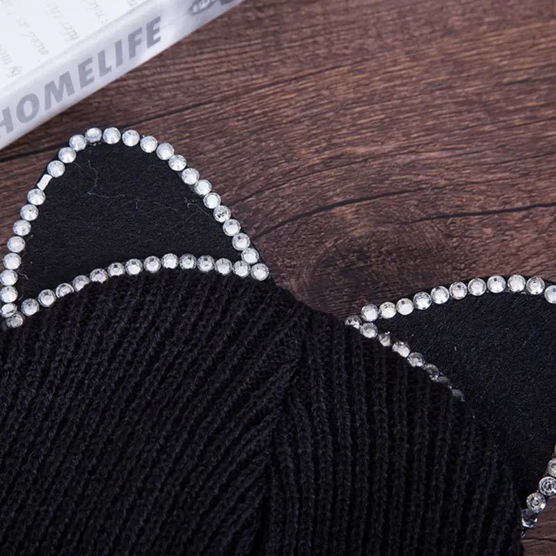 

Korean Women Girls Cute Cats Whisker Embroidery Cuffed Hat Rhinestone 3D Ears Solid Color Winter Ribbed Knitted Beanie Cap