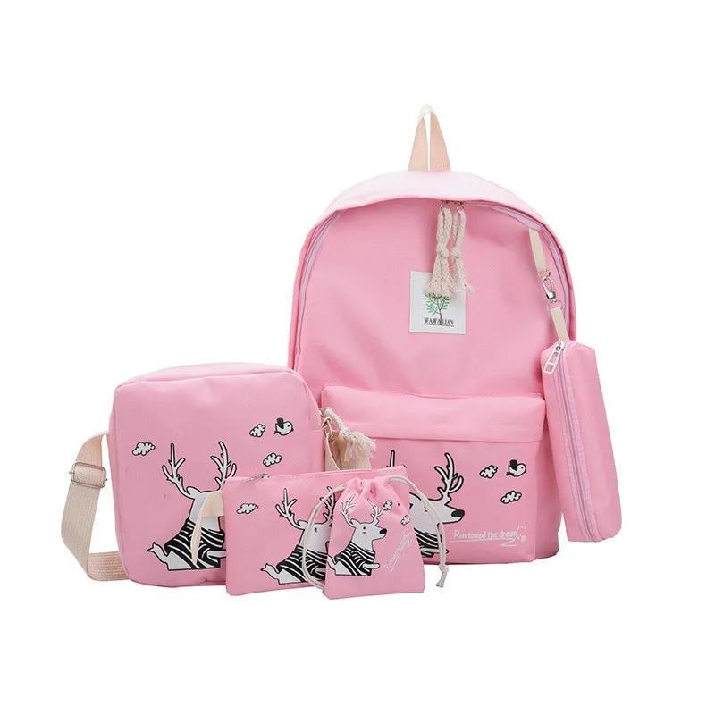 5pcs school bag set cartoon deer prints women backpack college backpacks travel bag fashion  teenager bookbag for girls 17inch