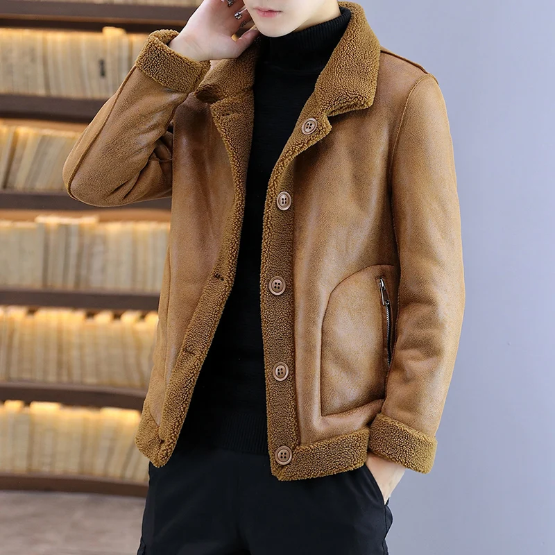 

Winter mens Faux Fur Fleece Coat Outwear Warm Lapel Biker Motor Aviator Jacket Deer Leather Velvet Lamb Coat Jacket