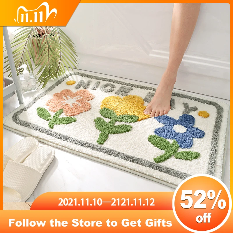 

Super Absorbent Bath Mat Quick Drying Bathroom Rug Non-slip Entrance Doormat Flocking Floor Mats Toilet Room Carpet Home Decor