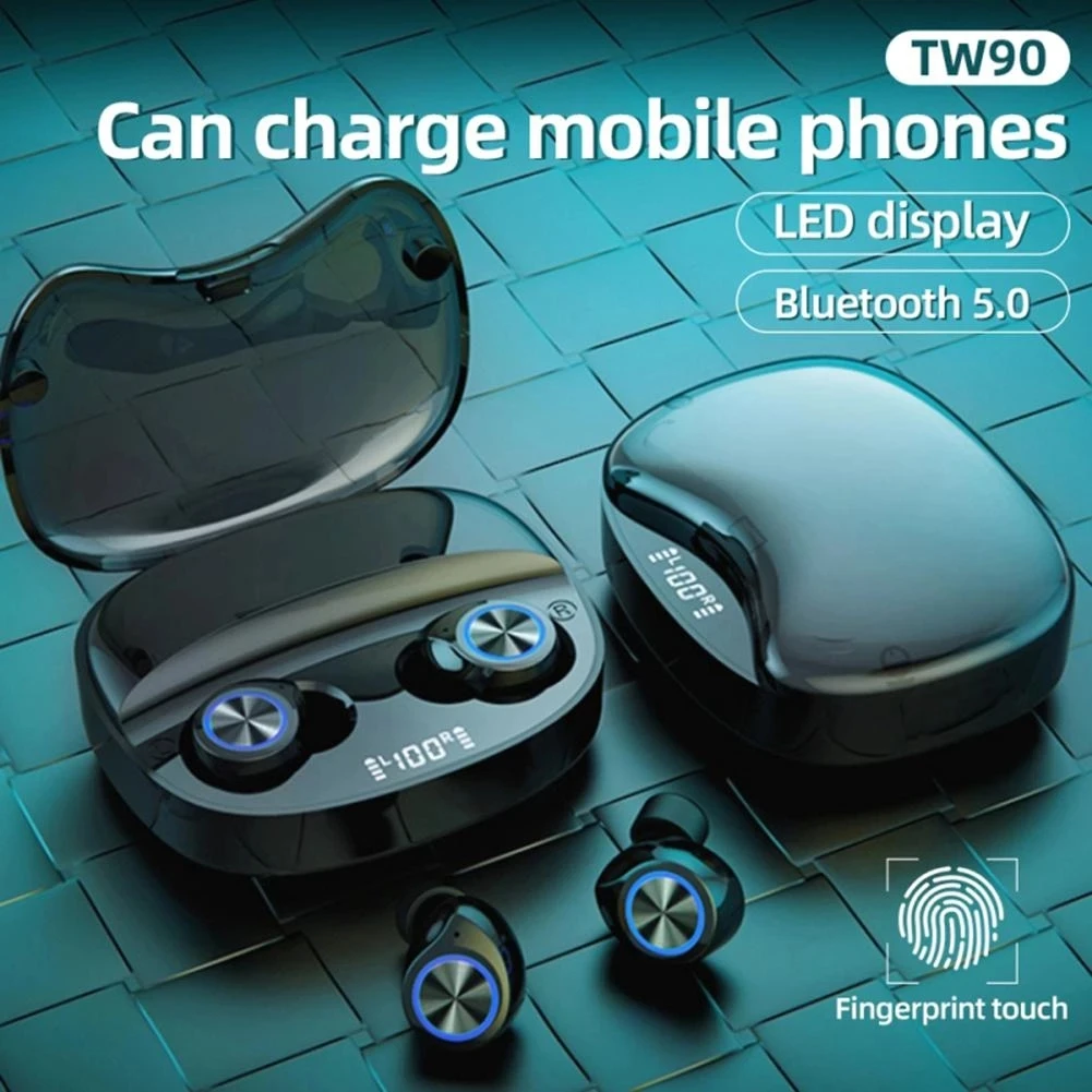 

TWS TW90 Беспроводные Bluetooth 5,0 наушники со светодиодный ным дисплеем и сенсорным управлением, гарнитура с микрофоном для звонков, музыки, спорта
