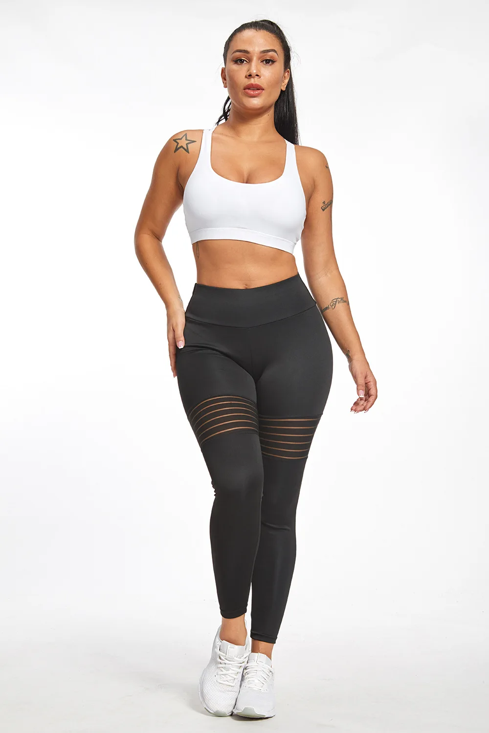 

Hot-selling hot-selling ladies fitness sports breathable mesh stitching fold sports bottoming yo-ga pants