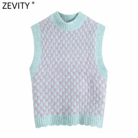 zevity women contrast houndstooth plaid short knitting vest sweater female chic o neck sleeveless pullovers waistcoat tops sw702