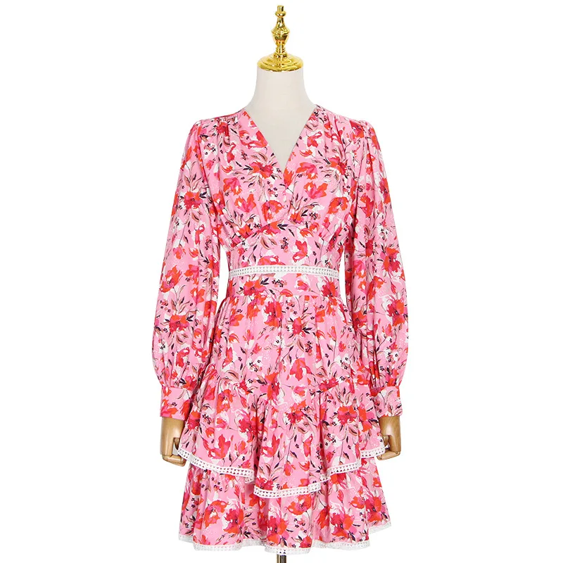 

Summer new OL elegant floral v-neck waist short cake slim long sleeve dress