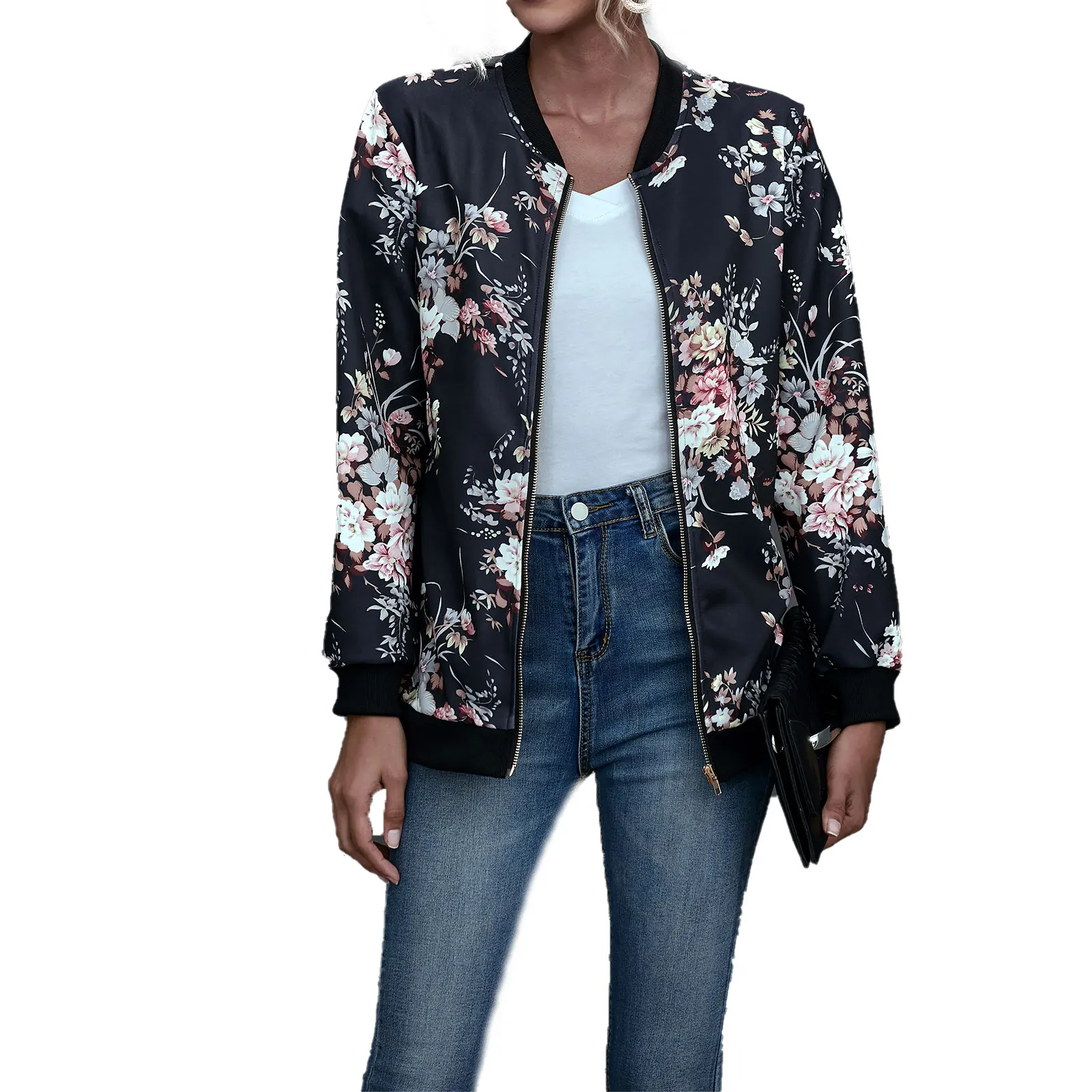 

Fashion Retro Floral Print Women Coat Casual Zipper Up Bomber Jacket Ladies Casual Autumn Outwear Coats Women Clothing