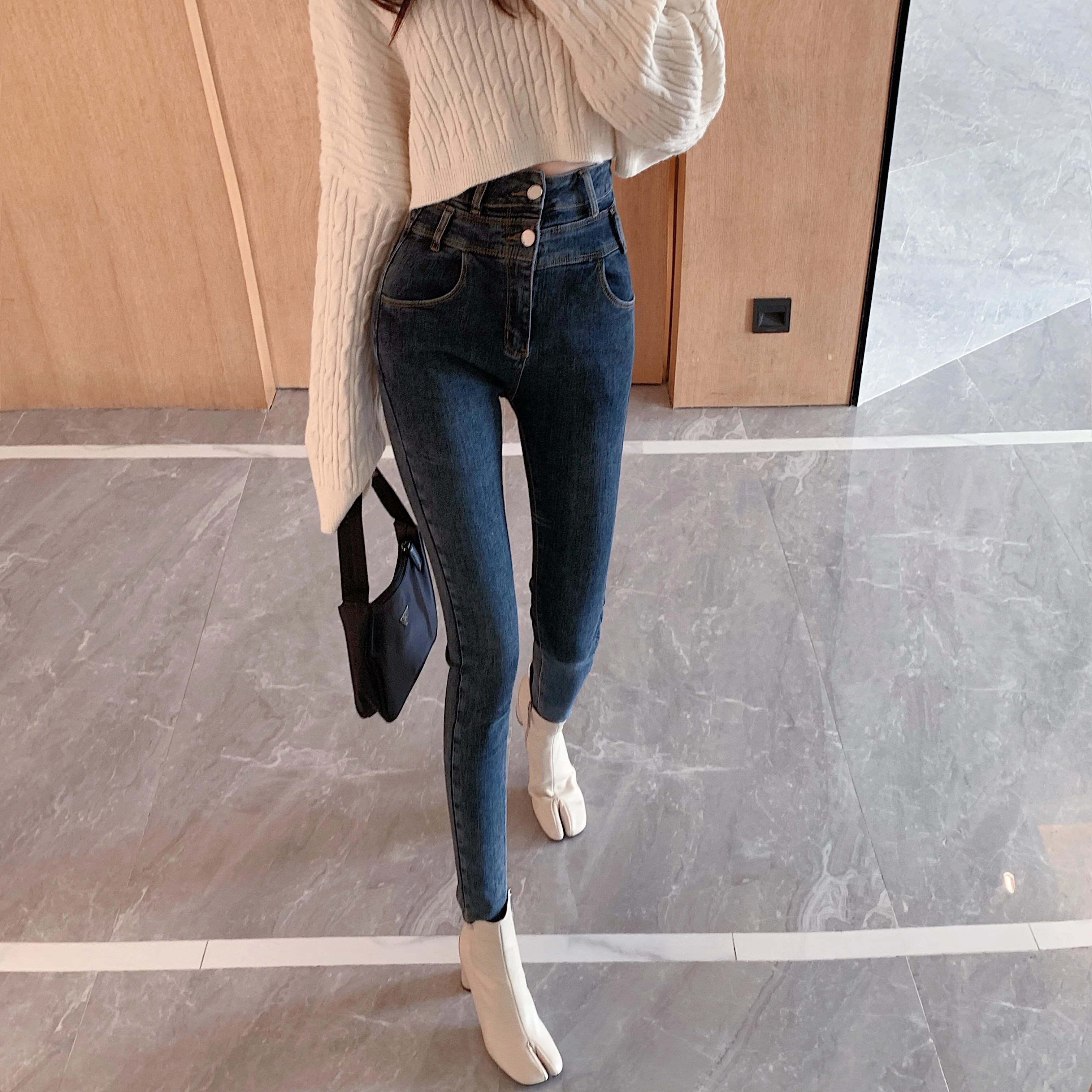 Реальный выстрел 2020 Новая мода ретро Уайлд Высокая талия женские узкие