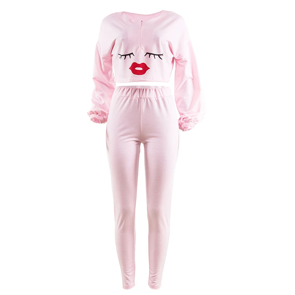 

Mouth Lip Print Long Lantern Sleeve Loose Crop Tops High Waist Fitness Legging Plus Size Matching Sets Casual Two Piece Outfits