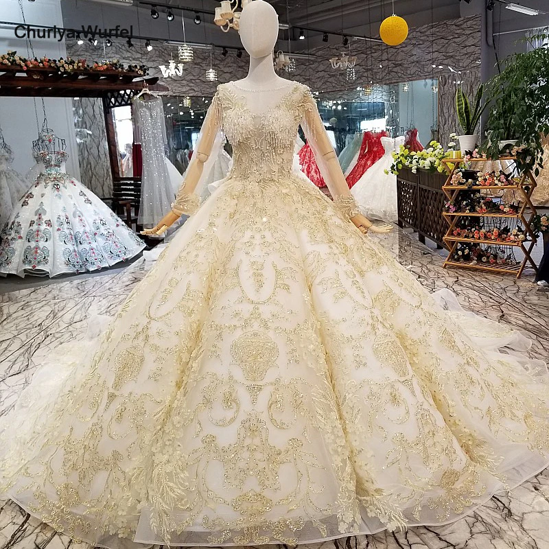 LS369470 Золотое кружевное блестящее свадебное платье Роскошные Длинные тюлевые