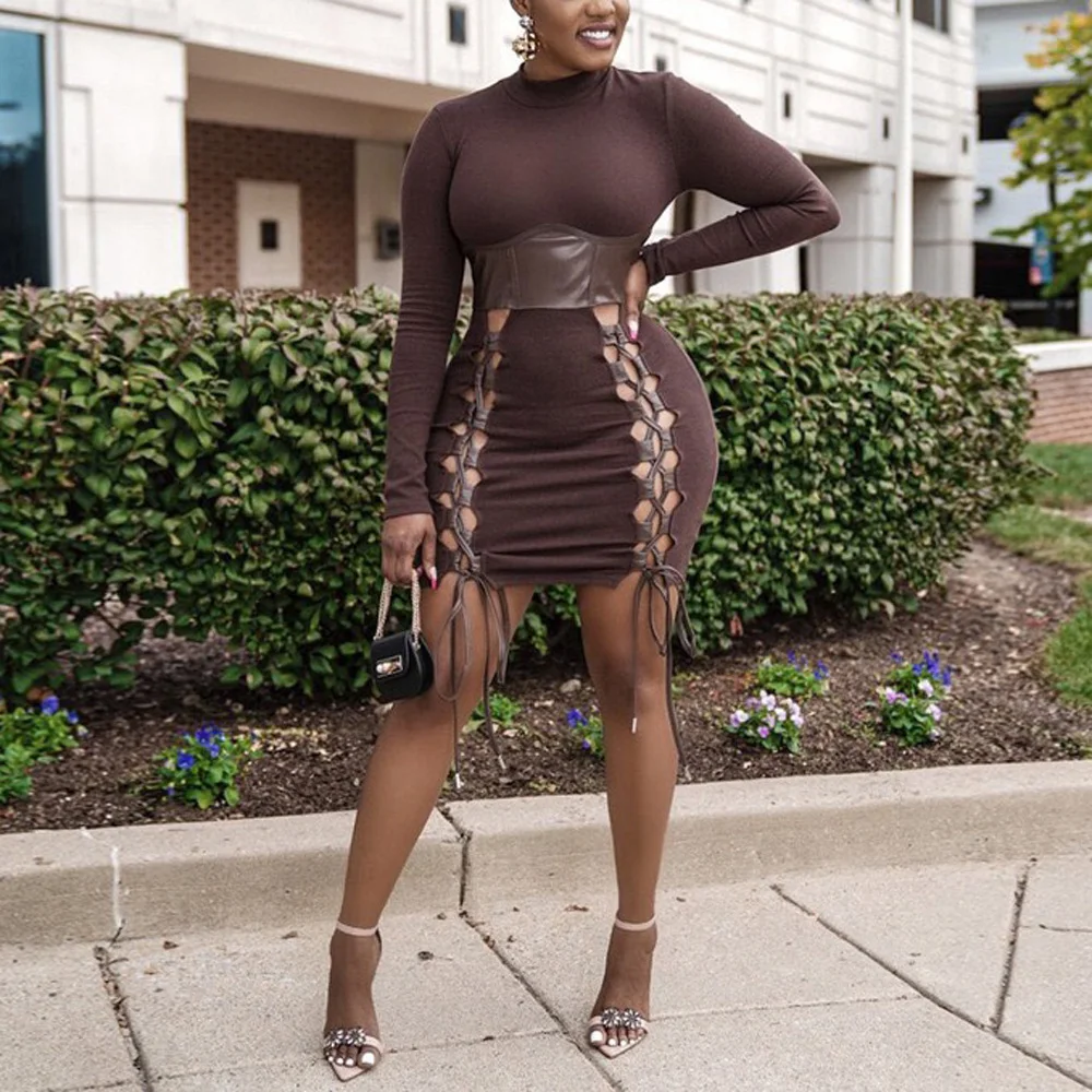 

Sexy Dresses for Women Bodycon Skinny Full Sleeve High Waisted Lace Up Mini Length Elegant Evening Night Club Vestidos Mujer Hot