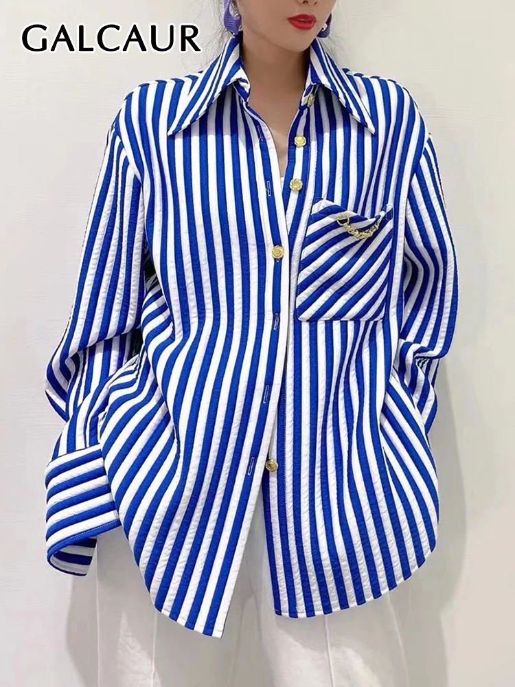 

Повседневная Свободная полосатая блузка GALCAUR с цветными блоками, женская модная темпераментная рубашка с отложным воротником и длинным рук...