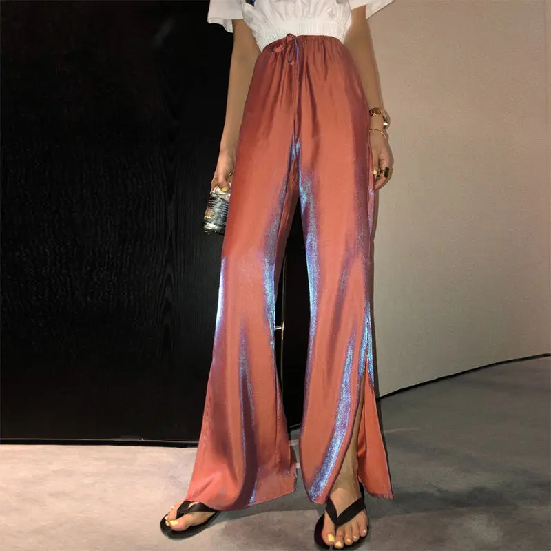 

2022 Spring Summer Women Wide Leg Pants Vintage Solid Elastic Waist Loose Casual Long Trousers New Fashion Streetwear M225