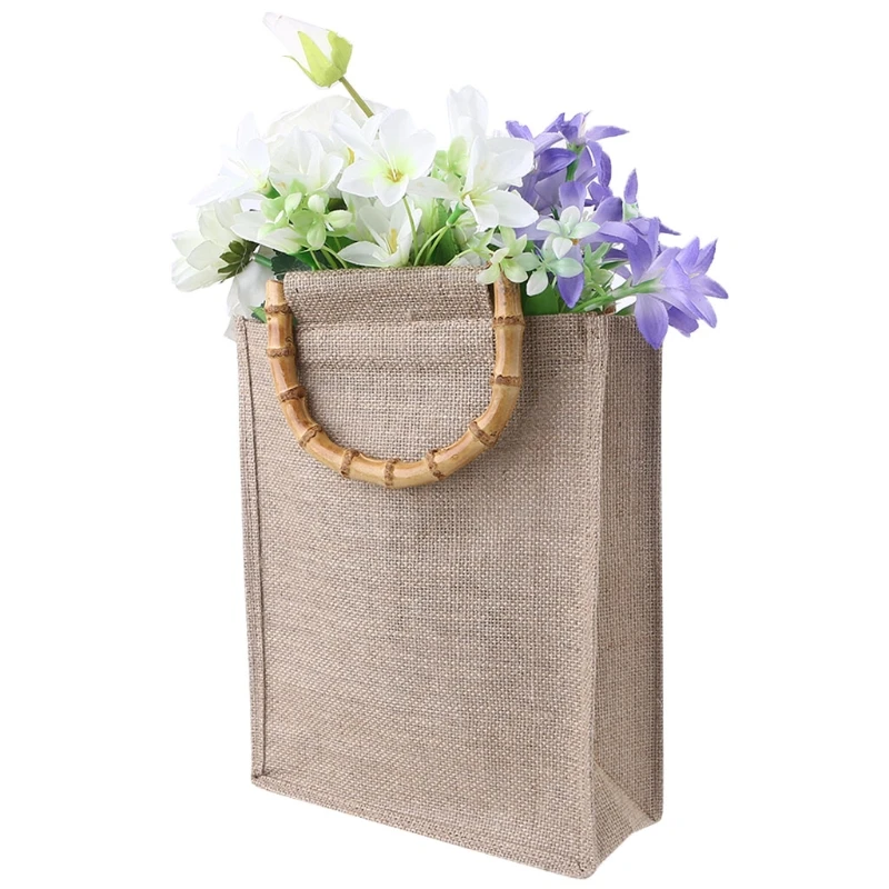 

Portable Burlap Jute Shopping Bag Handbag Bamboo Loop Handles Reusable Tote X7XC