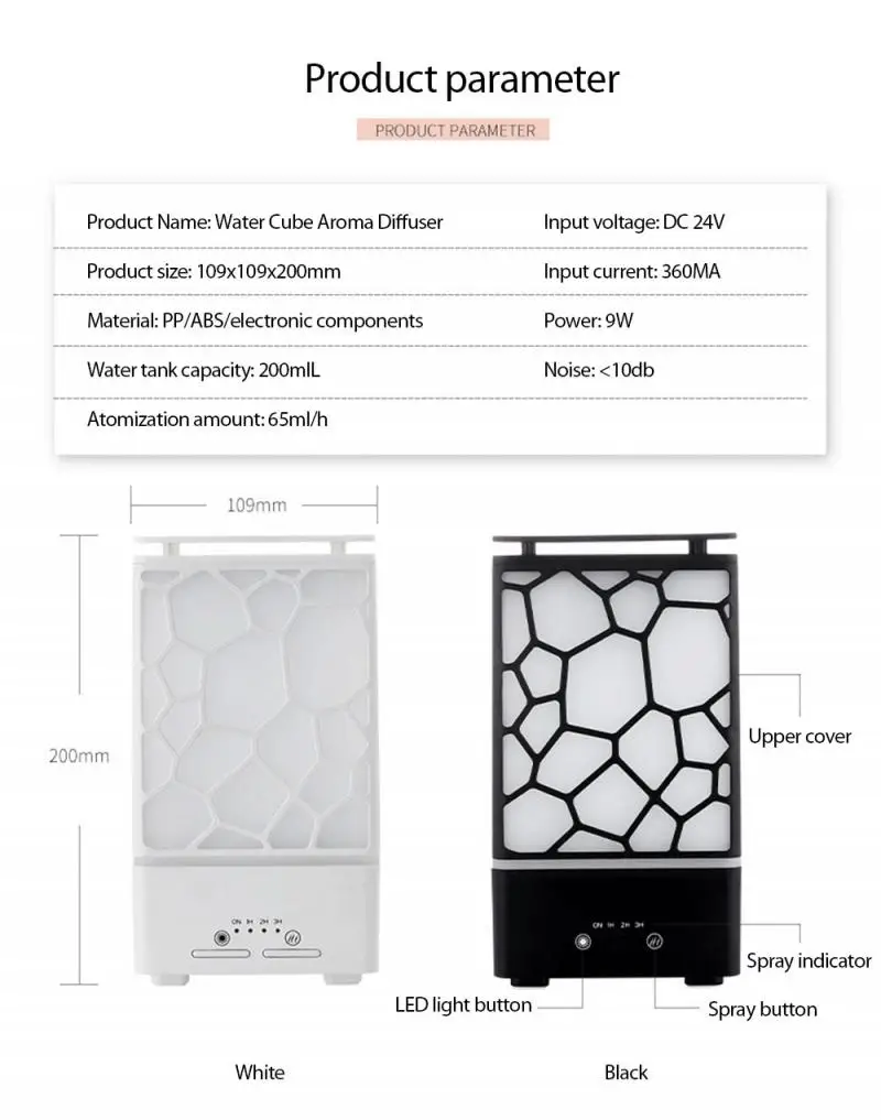 

Water Cube Aroma Diffuser Essential Oil Diffuser LED Lights Ultrasonic Air Humidifier Timing Mist Maker Home Air Purifier