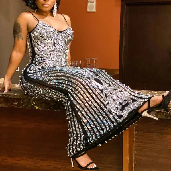 

Sexy Beaded Dress Women Spaghetti Strap Backless Diamonds Shinny Bodycon Floor Length Elegant Evening Party Night Long Vestidos