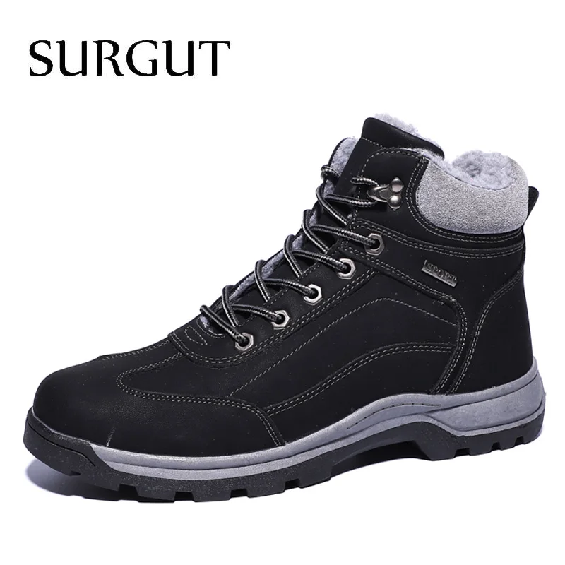 Мужские кожаные ботильоны с мехом SURGUT черные повседневные рабочие ботинки в