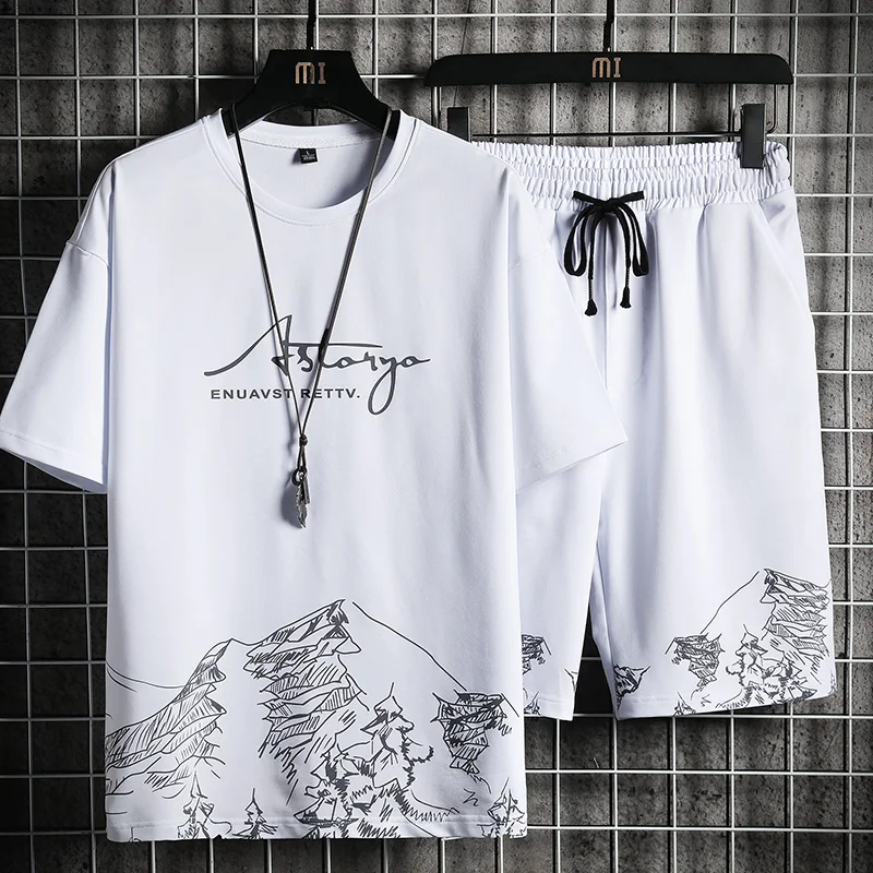 

Men's T-shirt + Shorts Set Summer Breathable Casual T shirt Running Set Fashion Harajuku Printed Male Sport Suit 2021 New