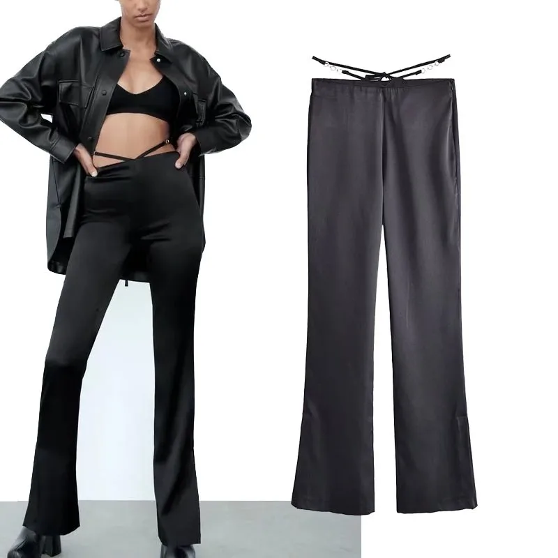 

Женские расклешенные брюки ZA, черные элегантные брюки на шнуровке с высокой талией, шикарные повседневные длинные брюки с боковыми прорезя...