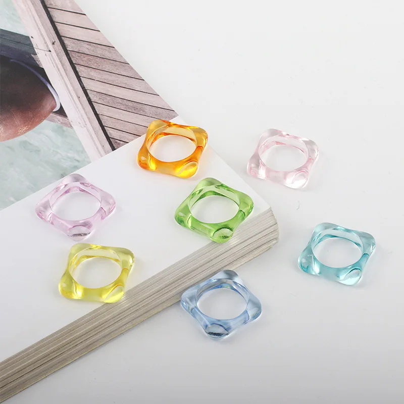 

ins summer fantasy color geometric shape acrylic square color transparent index finger ring set