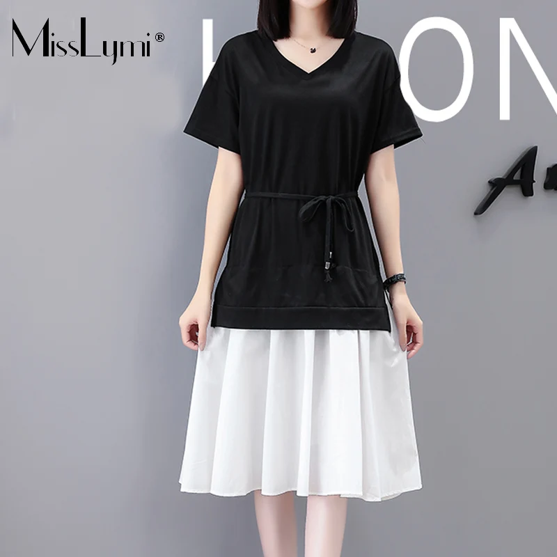 

MissLymi M-4XL Plus Size Women T shirt Dresses Summer 2021 Fashion V-neck Short Sleeve Casual Loose Ladies Patchwork Long Dress