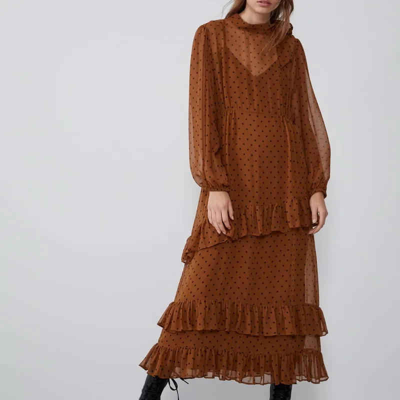 Женское Каскадное платье с оборками осень 2019 новое модное длинными рукавами в