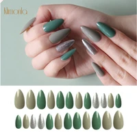 24pcsbox fashionable green wearable fake nail tips short stiletto lady full cover finished fingernail press on nails decoration