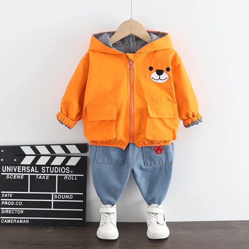 

2021 Baby Boy Spring Autumn Sport Zipper Jacket Set Children Cartoon Bear Coats Denim Pants 2Pcs Outfits Kids Fashion Tracksuits