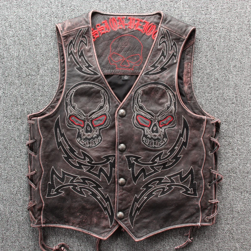 

Top Quality Skull Leather Vest Import Cow Skin Vintage Vest Embroidery Real Leather Vest