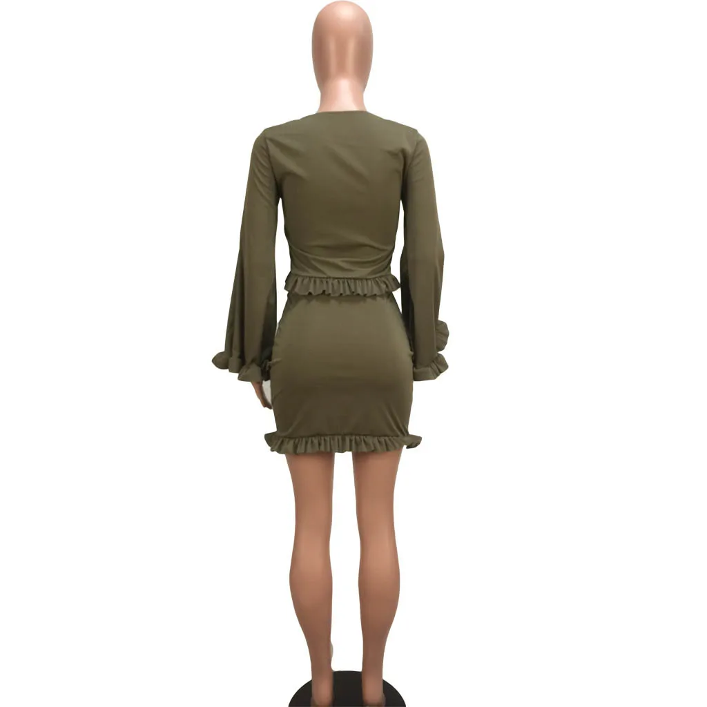

Solid Color Long Flare Sleeves Ruffles Pullover Tops & Mini Skirt All-Matching Women Suit Two Piece Set