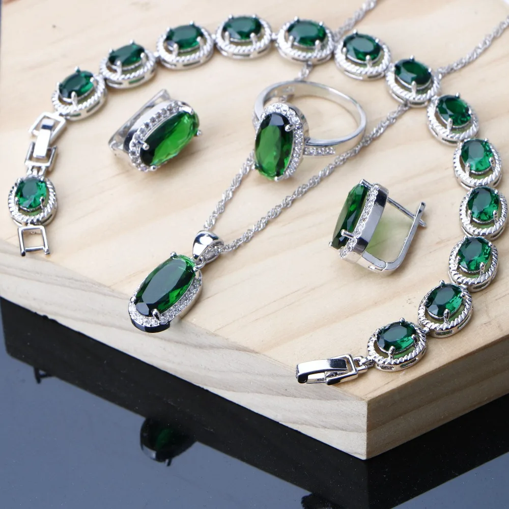 Женский элегантный ювелирный набор серебро 925 пробы зеленый циркониевый зажим