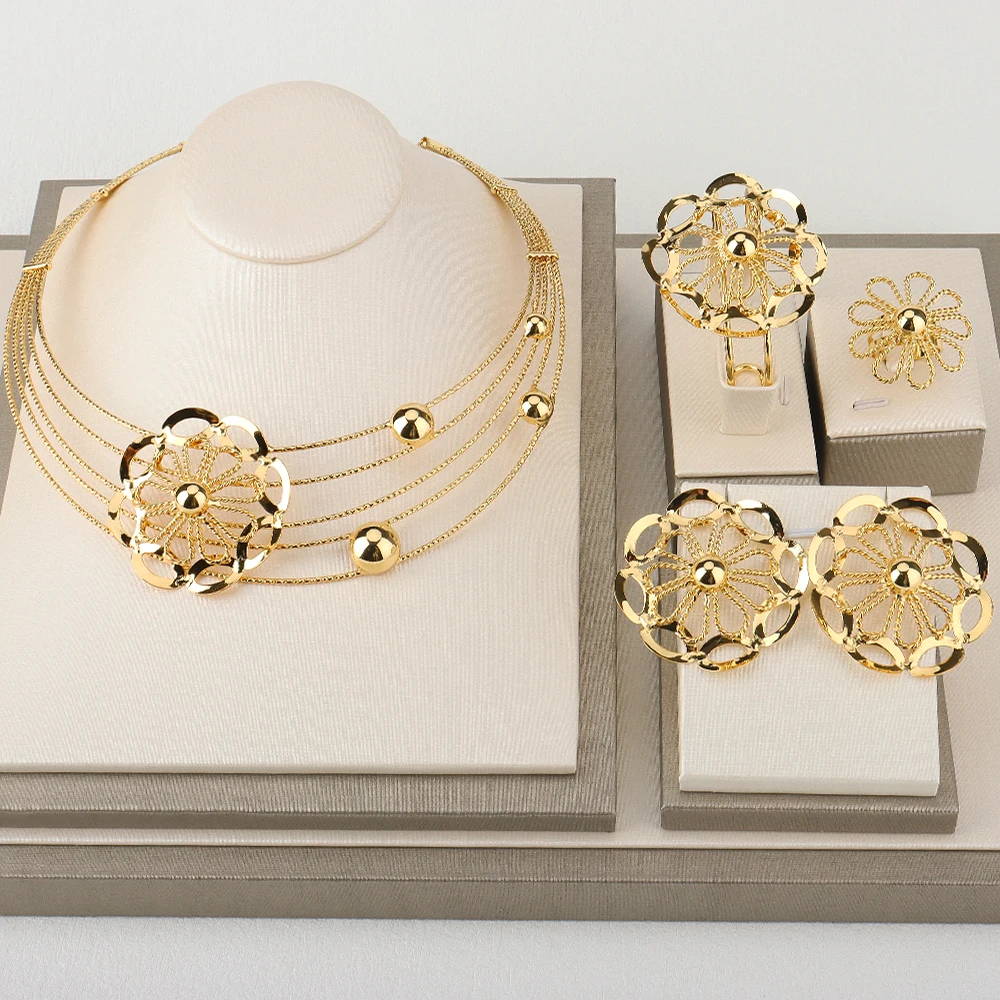 

Dubai Gold Jewelry Set for Women Gold Plated Necklace Flower Earrings Bracelet Ring Jewelry for Nigerian Bridal Engagement Party