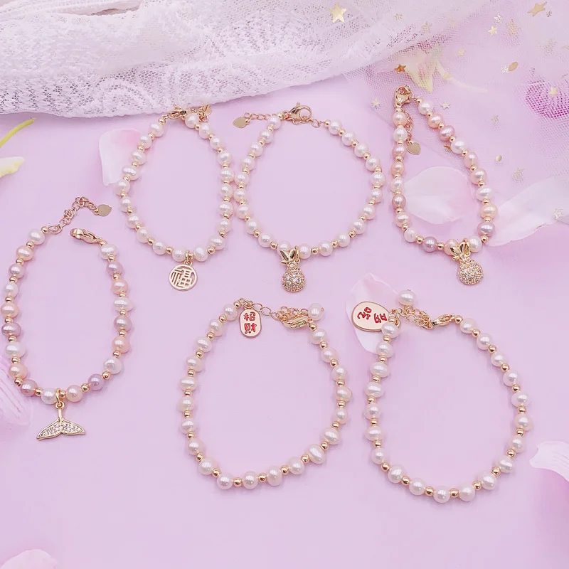 

Minar Sweet Multi Designs Baroque Freshwater Pearl Bracelet for Women Enamel Letter Shell Beaded Charm Bracelets Accessories