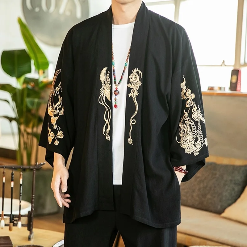 

Traditional Chinese Blouse Male Kimono Cardigan Men Embroidery Top Oversized Kimono Shirt Men Hiphop Retro Chinese Coat KK2957