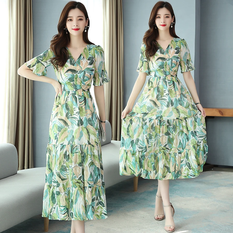 2023 Elegant Green Print Chiffon Midi Dresses Spring Summer Floral Vintage Runway Long Dress Women Casual Bodycon Party Vestidos