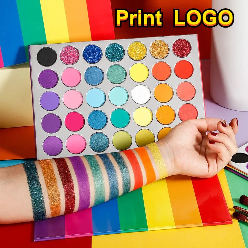 

Радужная Тарелка 35 цветов, Палетка теней для макияжа, хайлайтер, мерцающие пигментные тени для век, Палетка, косметика, печать логотипа