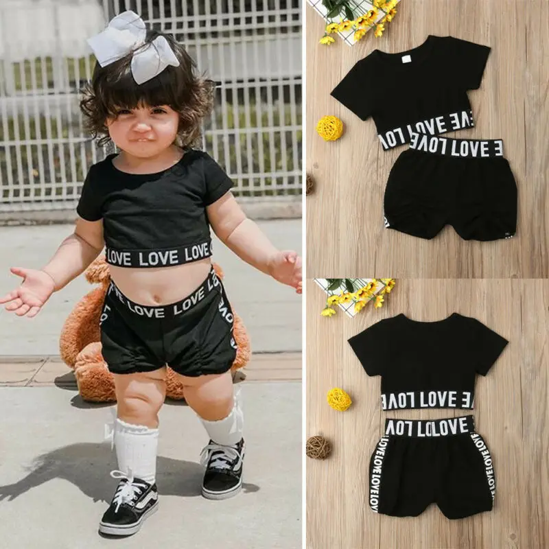 

Toddler Kids Girl Black Crop Tee Top T shirt Short Pants Clothes Sunsuit Outfit Children's Sets