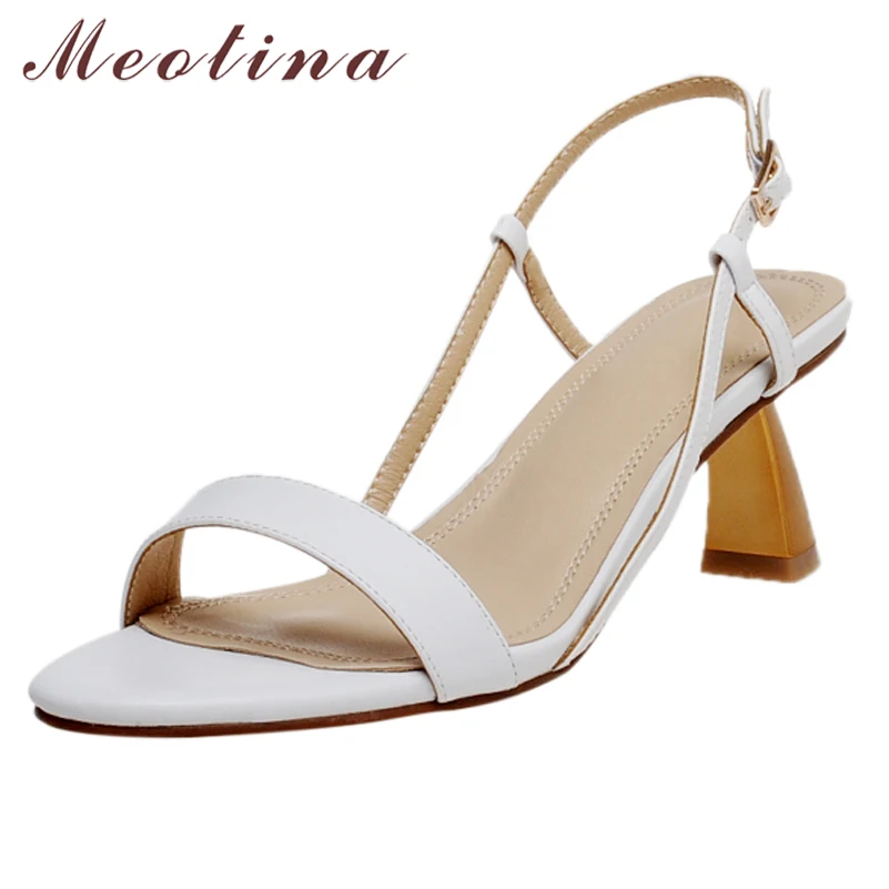 

Женские босоножки из натуральной кожи Meotina, сандалии на высоком каблуке, с пряжкой, странный стиль, летние пикантные босоножки, большие разм...