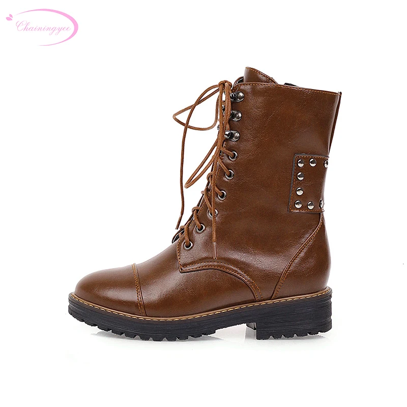 

Motorcycle boots cosplay round toe rivets lace-up zipper ankle boots black red yellow medium with chunky heels women's shoes