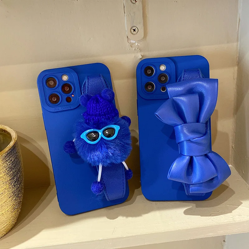 Корейский Синий чехол-браслет Klein для телефона плюшевая кукла бант ремешок на