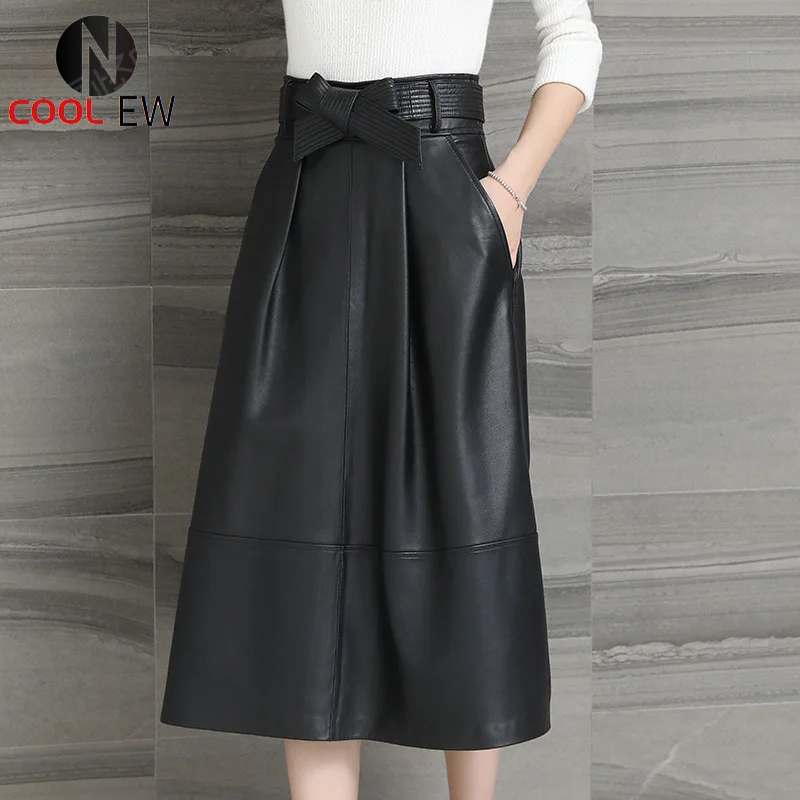 

Winter Genuine Leather Skirts Womens Black Office A-Line Midi Skirt High Quality Sheepskin Zipper Party Wrap Skirt Plus Size 4XL