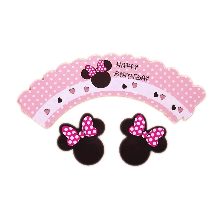 pink Minnie 12 шт., обертки для кексов, 12 шт., топперы для кексов, милый рисунок из мультфильма, для детей, для вечеринки, дня рождения, свадьбы, украшения торта - Цвет: pink Minnie