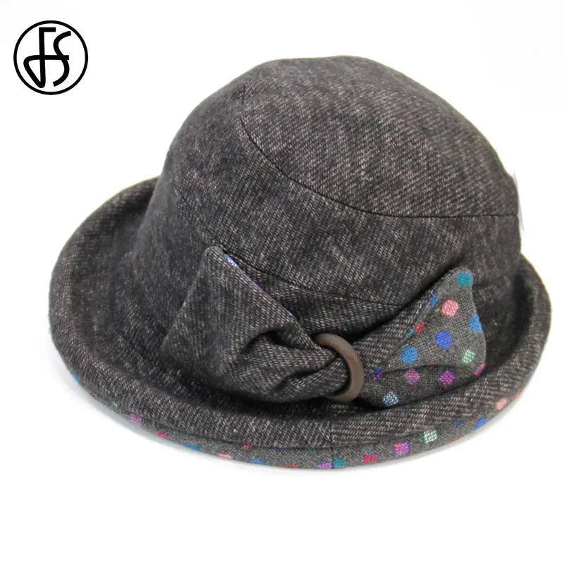 FS Elegant Wool Hat For Women Dark Grey Brown Warm Foldable Ladies Short Brim With Polka Bowknot Winter Fisherman Bucket Hats