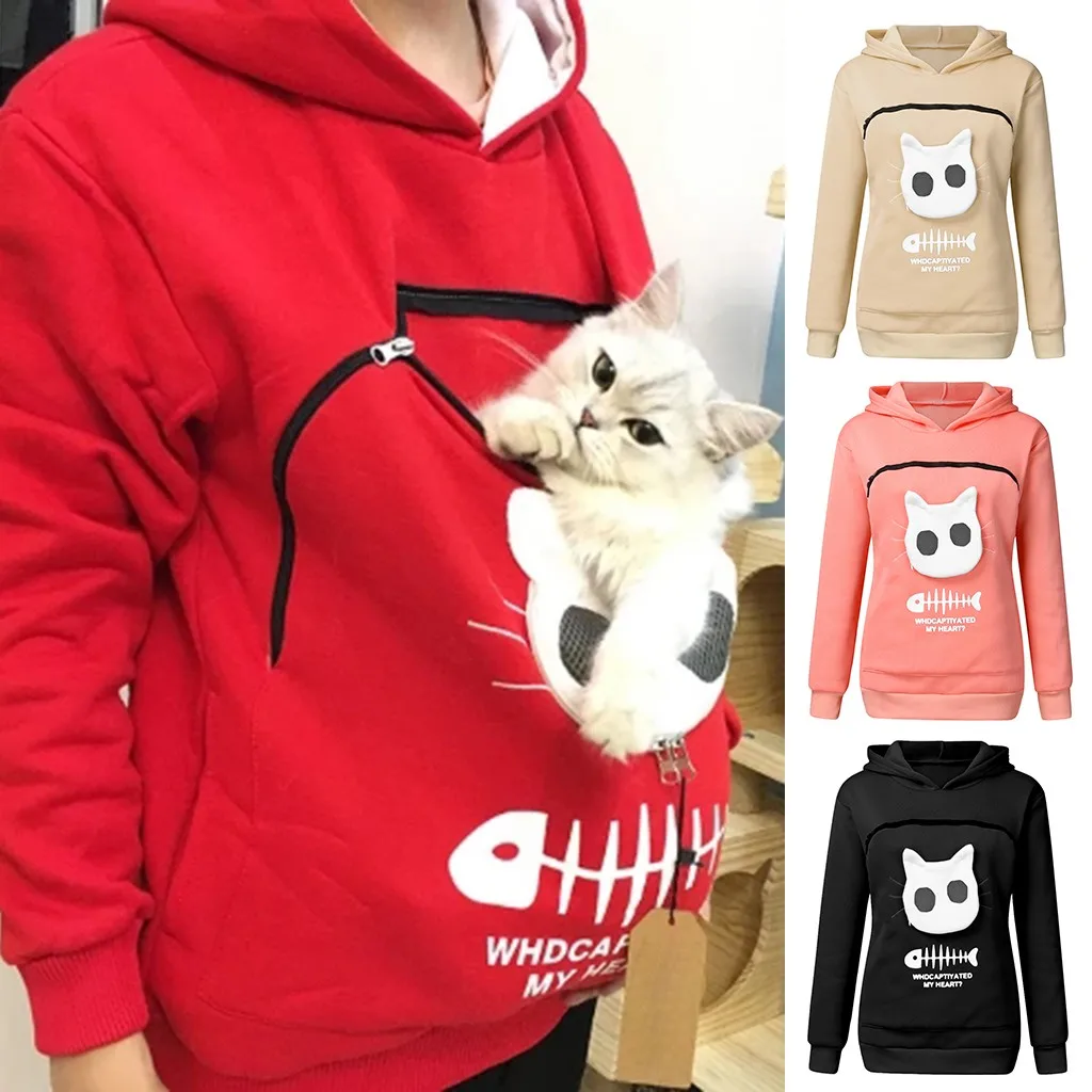 

CHAMSGEND women winter warm hooded sweatshirts Women's Animal Pouch Hood Tops Carry Cat Breathable Pullover sweatshirts #4z
