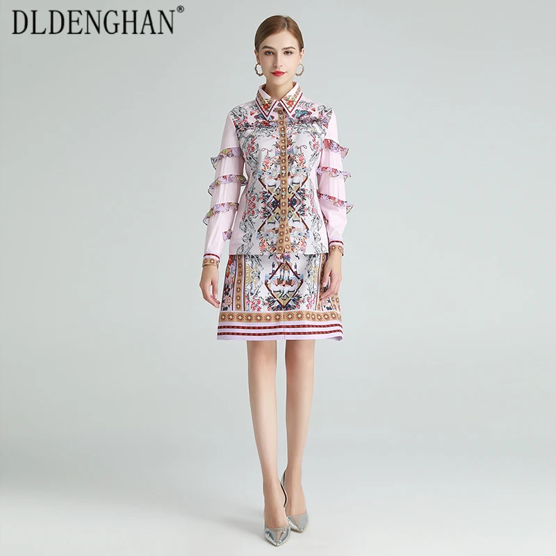 

DLDENGHAN Vintage Floral-Print Set Women Ruffles Long Sleeve Shirt Tops + Single-Breasted Skirt Two-Piece Sets Spring New