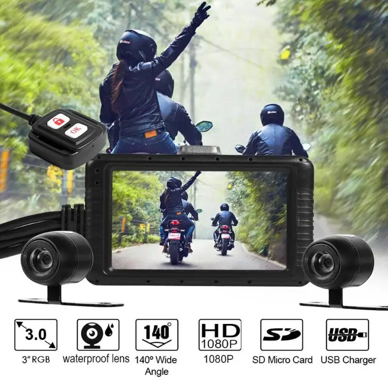 Скидка 3-дюймовый Видеорегистраторы для мотоциклов, Wi-Fi, Камера FHD 1080P Водонепроницаемый Dash Cam Двойной объектив спереди заднего вида видео Регистрат...