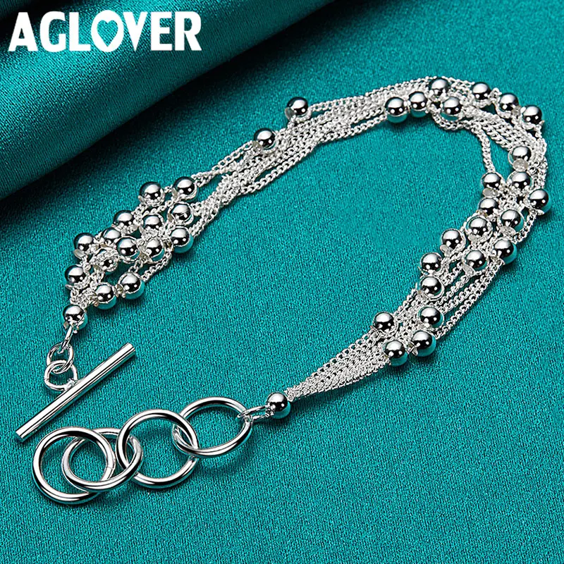 

AGLOVER 925 Sterling Silver Six-Line Light Bead Chain Bracelet Man And Women Engagement Wedding Party Jewelry